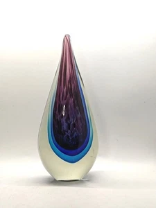Hand Blown Art Glass Bookend Paperweight Triple Teardrop Blue Purple 10" - Picture 1 of 6