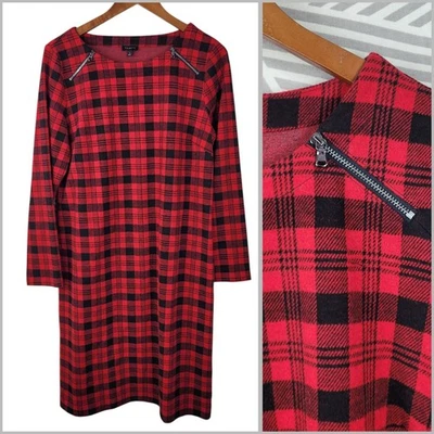 Vestido Camisa Talbots Talla Grande Cuadros Rojo Negro Midi Cremallera Detalle Hombro  Foto 1 de 4