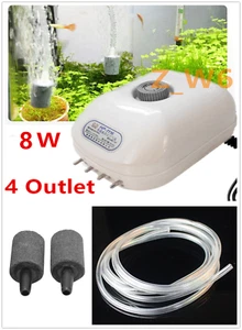 4 Outlet Adjustable Air Pump & Bubble Stone Disk Large Aquarium Fish Tank - Picture 1 of 9