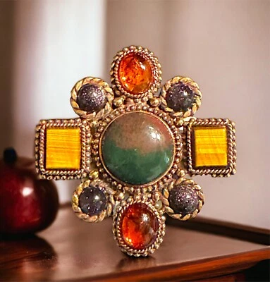 STEPHEN DWECK LATÓN PIEDRA DE SANGRE CABINA OJO DE TIGRE ÁMBAR PIEDRA DECLARACIÓN CELTA Foto 1 de 4