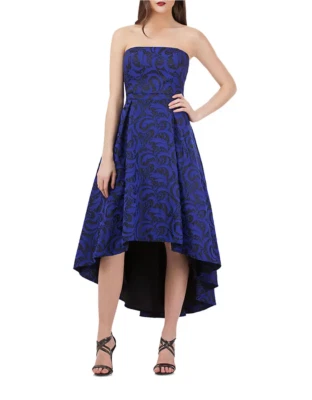 NWT JS Collections Dress Blue Jacquard Hi Low Ballgown Strapless Cocktail Size 8 - Image 1 of 4