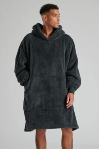 Loungeable Mens Charcoal Luxury Teddy Fleece Oversize Snuggle Hoodie - Picture 1 of 4