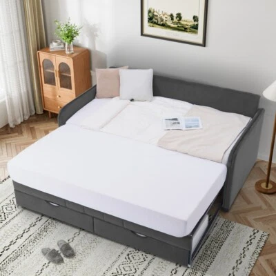 Cama de día doble tamaño con nido emergente y cajones de almacenamiento convertible tamaño king cama de día Foto 1 de 3