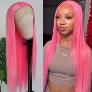 Lace Front Perücken Synthetik Lang Glatt Haar Pastell Rosa Hitzebeständig Kleberlos - Bild 1 von 6