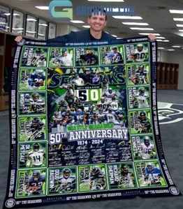 Seattle Seahawks 50th Anniversary 1974 2024 Sherpa Blanket Quilt - Picture 1 of 3
