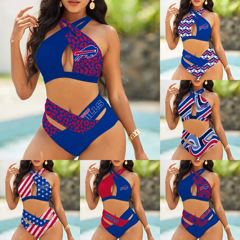 Buffalo Bills 2PCS Front Cross Halter Swimsuit High Waist Bikini Bathing Suit Cover