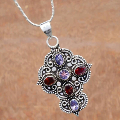Garnet Cut Faceted Amethyst Gemstone Cross 925 Sterling Silver Looking Pendant - Image 1 of 4