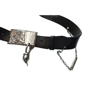 Christian Audigier Ladies Thick Black Genuine Leather Belt Chunky Silver Buckle - Picture 1 of 5