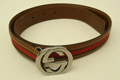 Auténtico Cinturón Gucci Doble G Hebilla Tela Rayas Cuero Marrón SP Logo Accesorio Foto 1 de 4