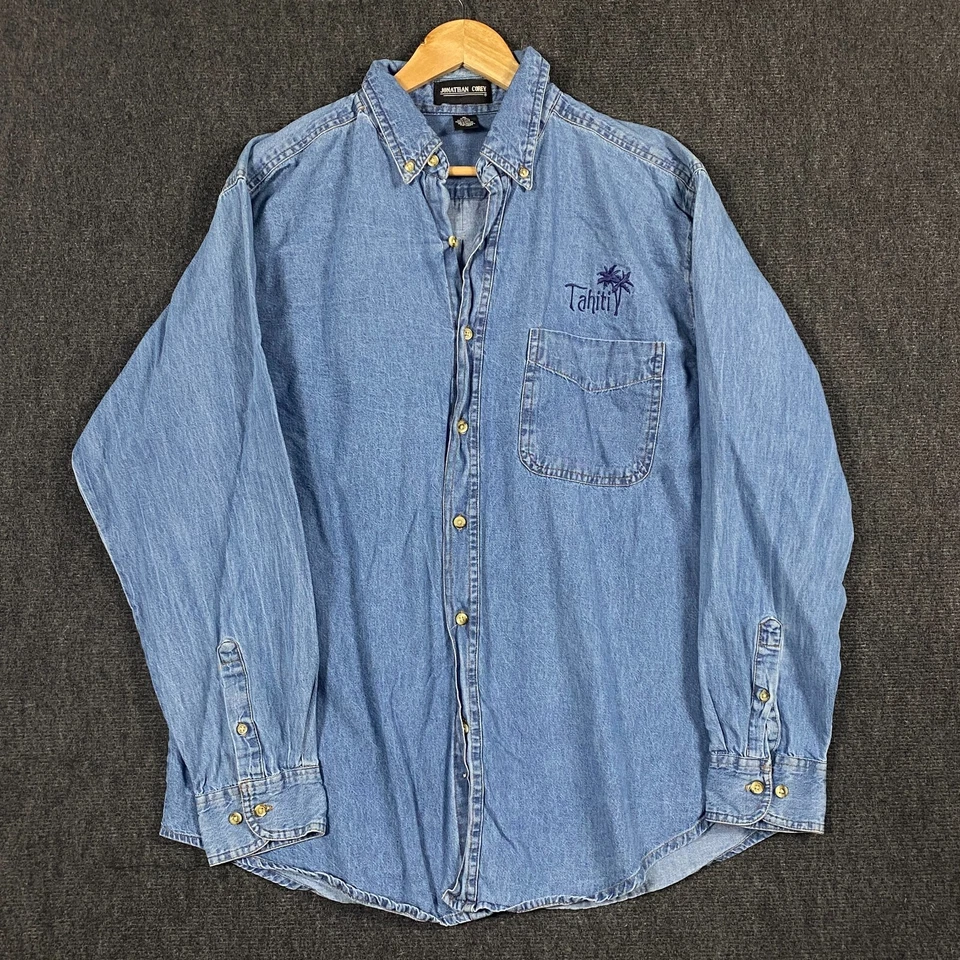Jonathan Corey Mens XL Long Sleeve Button Down Denim Shirt Blue Pocket Logo Vtg - Image 1 of 4