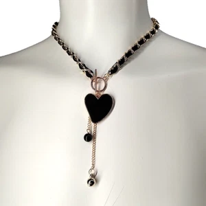 Women Heart Pendant Necklace Brass Plated & Leather Gold Black 17" - Picture 1 of 9