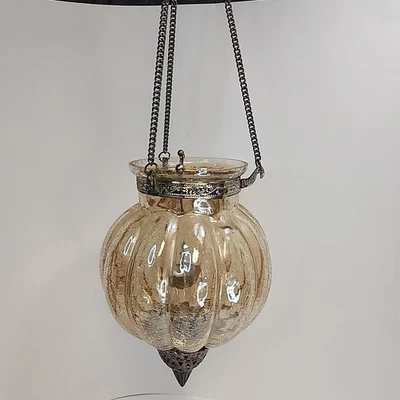 Hanging Lantern Crackle Glass Amber W/Silver Moroccan Style Candle Holder Lamp - Image 1 of 4