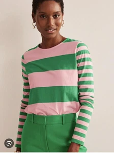 Boden Bea Long Sleeve Breton Pink Green Top Size 4 Stripe Shirt Tee Preppy - Picture 1 of 7
