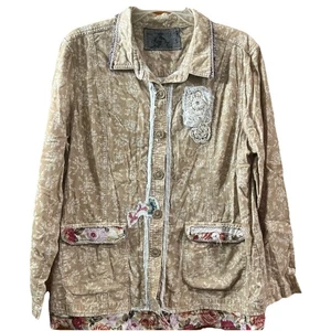 Floral Denim Jacket Womens L Printed Panels Ruffle Trim Embroidery Artsy Cowgirl - Picture 1 of 9