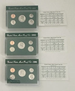 1994-S, 1995-S, 1996-S, US Mint Proof 3 Set Lot, 5 Coins Each W/ OGP Box & COA - Picture 1 of 8