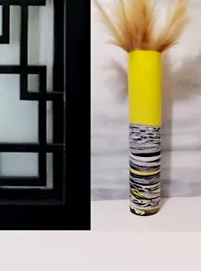 Tall Yellow Floor Vase 28 in/Hand Painted Floor Vase/Black Yellow Glass Vase - Picture 1 of 8