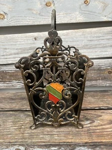 Antique Cast Iron Ornate Magazine Rack With Beautiful Colored Designs On Sides - Picture 1 of 14