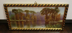 Acuarela, estilo juvenil, paisaje fluvial con árboles y vacas, original, marco vertical - Imagen 1 de 3