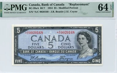 1954 $5 Bank of Canada BC-39aA Replacement *A/C - PMG Choice UNC64 EPQ - Image 1 of 2