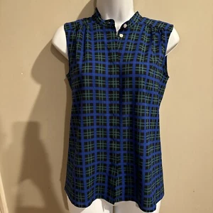 J Crew Sleeveless Blouse Hidden Button Top Womens Size 0 Blue Green Plaid New - Picture 1 of 9
