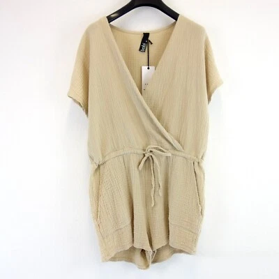 Overall Beige BOBI Damen Seersucker Sommer Kurzer Jumpsuit Sandy Baumwolle Neu - Bild 1 von 4