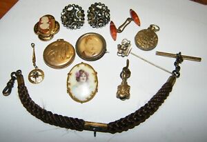 Victorian Jewelry incl. Mourning Locket &  Woven Hair Pocket Watch Chain