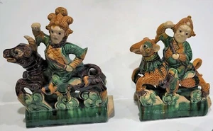 Chinese Pottery Roof Tiles Yellow/Green Glazed Warrior on Horse Pair - Picture 1 of 11