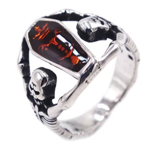 Gothic Double Skull Raising Coffin Ring Stainless Steel Vampire Blood Biker Ring - Picture 1 of 7