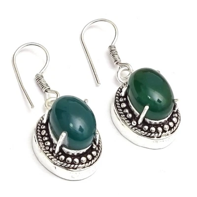 New Year Gifted Jewelry Green Onyx Gemstone Silver Plated Earring 1.5" R942 - Image 1 of 4