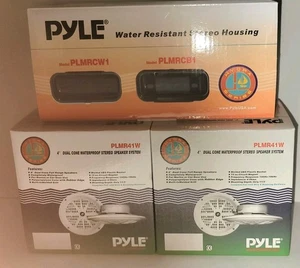 Two Pyle 4 100w Speakers With Pyle Stereo Housing Water Resistant Boat - Picture 1 of 7