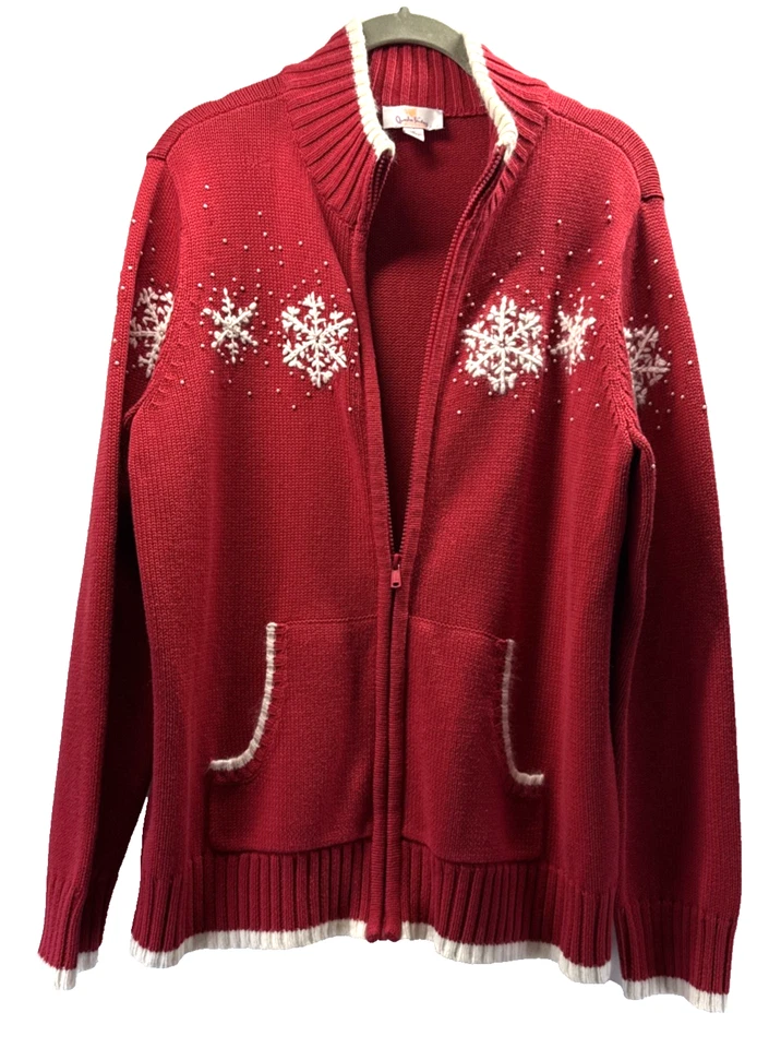 Quacker Factory Sweater Cardigan M Red Snowflake Beaded Angora Christmas Holiday - Image 1 of 4