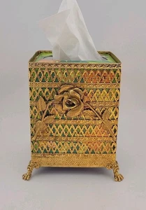 Vintage Tissue Holder Brass Ornate Hollywood Regency 3D Rose Vines 6.5"×5.5" - Picture 1 of 9