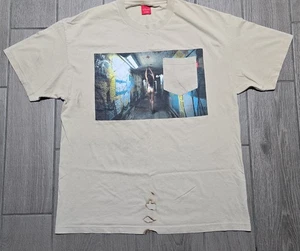Visual Shirt Mens XL Beige Graphic Pocket Tee Burn Holes Urban Tunnel Art Photo - Picture 1 of 16