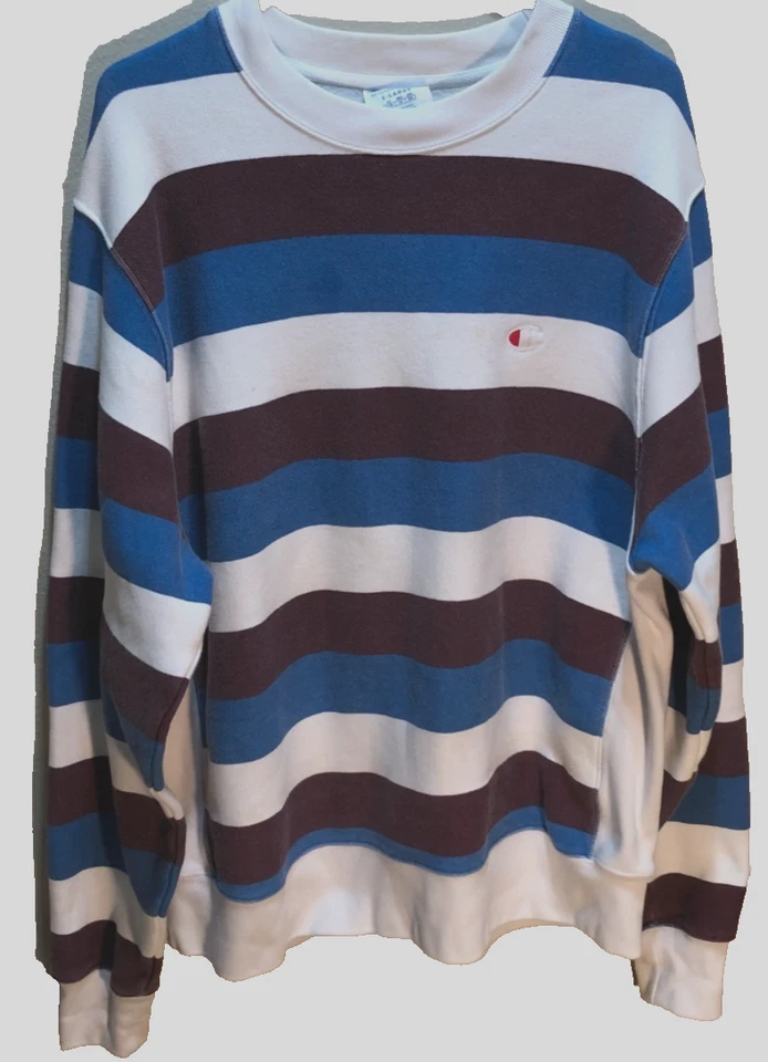 Sudadera Pullover Champion Tejido Inverso Vintage Azul Blanco Granate Rayas XL Foto 1 de 2