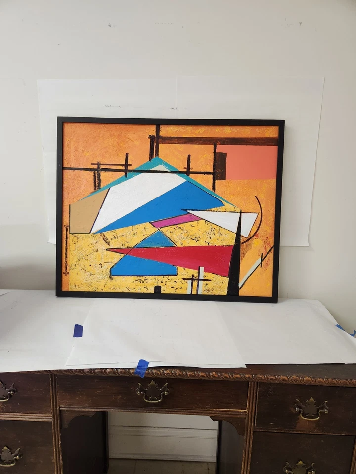 Pintura mixta figurativa cubista abstracta vintage arte moderno de mediados de siglo  Foto 1 de 4