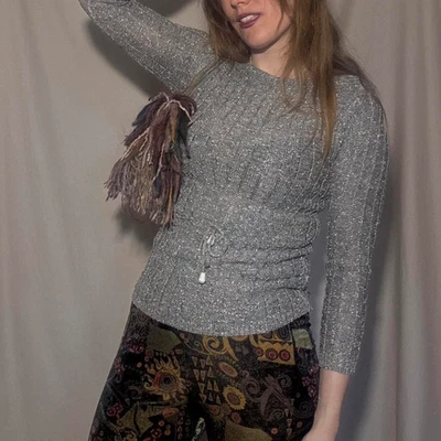 1970s glitter knit jumper with boat neck and tie waist detail - Image 1 of 4