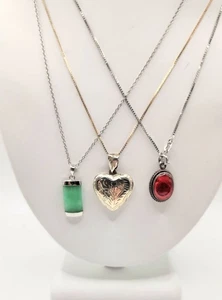 925 Estate Sterling Silver Jade Baltic Amber Heart Necklaces - Picture 1 of 7