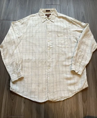 Tasso Elba Shirt Mens XL Cream Gray graph check 100% Linen Collared Button Up - Image 1 of 4