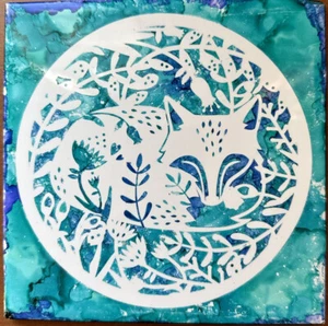 Ceramic Tile Fox teal blue Decorative Wall Art hand painted boho floral 6x6" - Picture 1 of 8