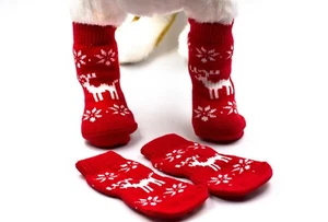 Reindeer Holiday Christmas Warm Socks for Dogs & Cats - Non Skid Anti Slip - Picture 1 of 8