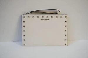 MICHAEL KORS JET SET TRAVEL XL CLUTCH WRISTLET OPTIC WHITE/SILVER TONED STUDS - Picture 1 of 12