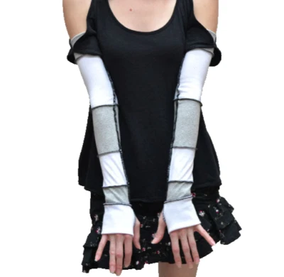 NWT Womens Long Cotton Arm Warmers Gray White Patchwork Gloves Finger Holes Mens - Image 1 of 2
