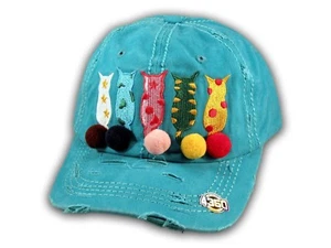 Turquoise Cat Mom Washed and Distressed Baseball Cap - Picture 1 of 4