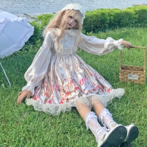 Lindo Dulce Vestido Niña Japonés Lolita Satinado Manga Larga Abullonada Volantes Botón - Imagen 1 de 10
