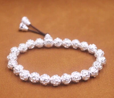 Pure 999 Fine Silver Bangle Men Women 8mm White Mantra Beaded Bracelet 30-31g - Image 1 of 4