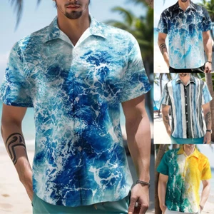 Mens Hawaiian Short Sleeve Summer Beach Dress Shirt Button Down Blouse Tops Tees - Picture 1 of 19