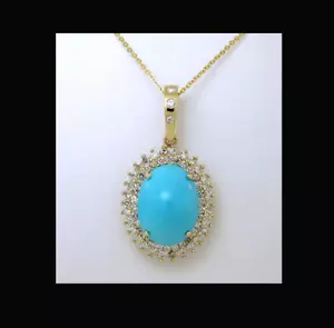 2Ct Oval Cut Lab Created Turquoise Women Halo Pendant 14K Yellow Gold Finish - Picture 1 of 3