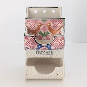 Vintage Ceramic Wall Mount Match Holder Safe Cross Stich Birds and Flowers - Picture 1 of 8