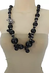 Women Silver Metal Flower Charm Long Fashion Jewelry Necklace Black Beads Bling - Picture 1 of 10