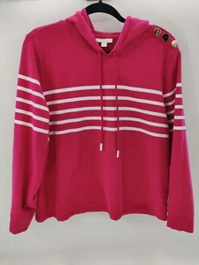 Charter Club Women's Sz XXL Pink & White Striped Hoodie Faux Goldtone Buttons - Picture 1 of 12